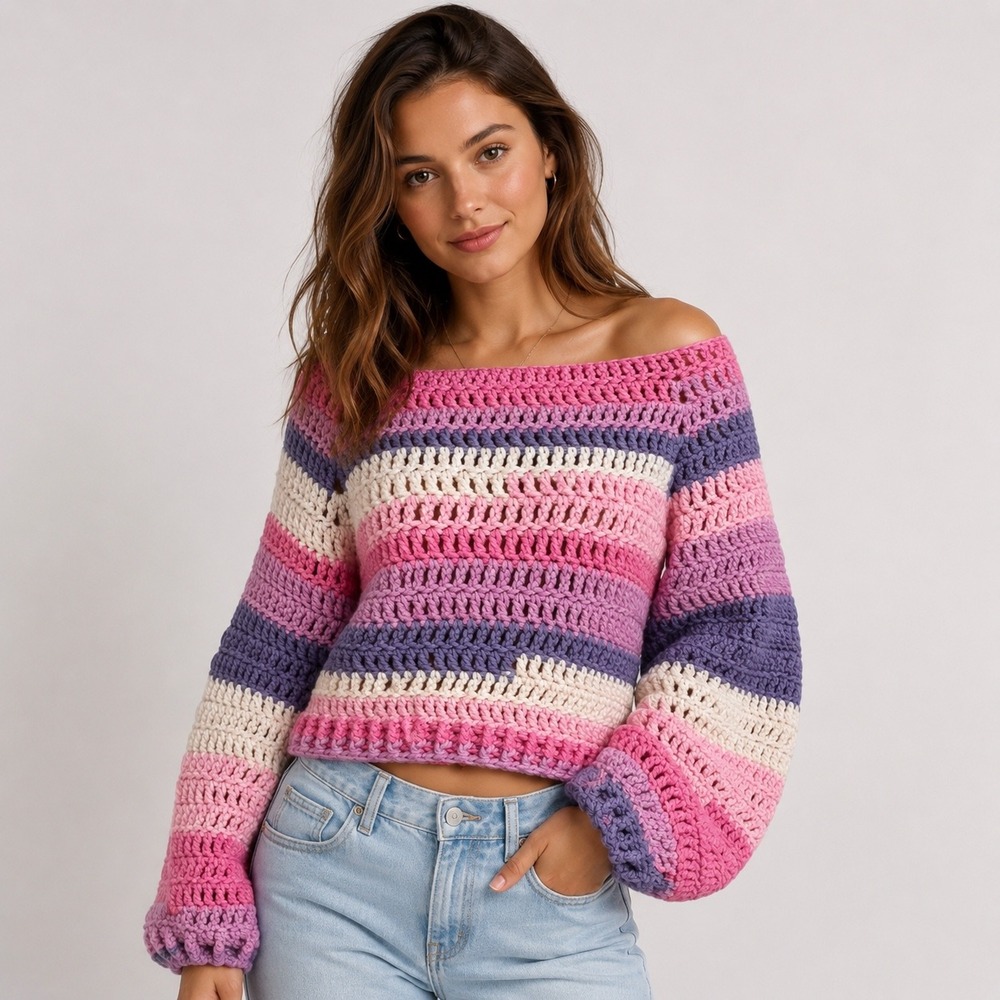 Handmade Crochet Striped Sweater Off The Shoulder Balloon Sleeve Dopamine Boho